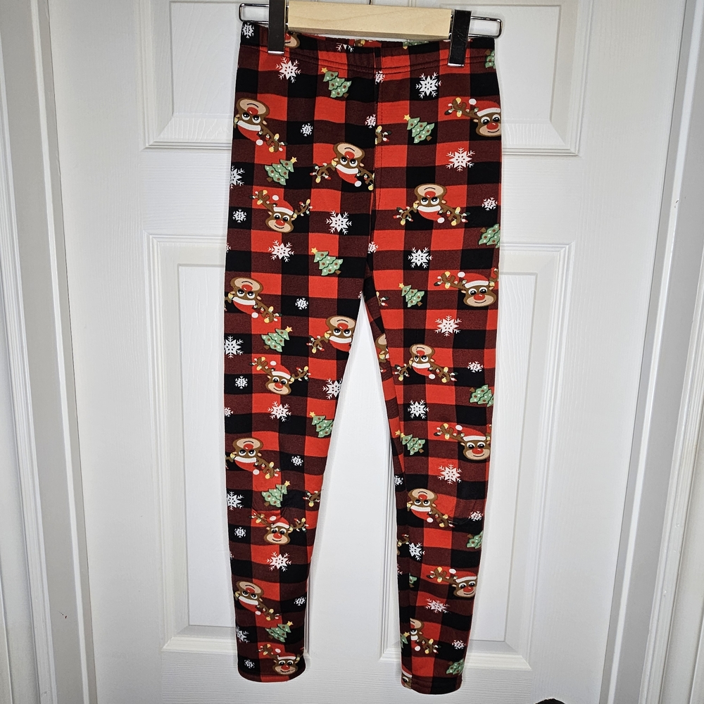 Just Cozy Girls Christmas Buffalo Plaid Leggings Holiday Red Black Size 10-12